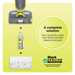 Graphic showing top view of Shark VACMOP plus bottle of cleaner and disposable pad with text 'A complete solution'