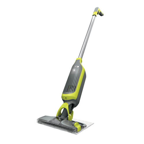 Shark VACMOP cordless hard floor vacuum mop shown upright with clear mop head and lime-accented body on white background