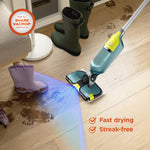 Shark VACMOP mop cleaning muddy footprints on a hardwood floor with text callouts for fast drying and streak-free