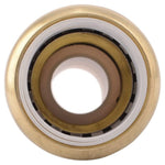 End-on view of a SharkBite brass coupling showing the white internal sleeve and circular sealing components