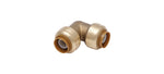 Small brass elbow push-fit pipe connector shown centered on white background with visible push rings.