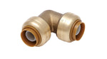 Brass 90-degree push-fit elbow fitting showing both push ends and body details on white background.