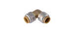 Brass 90-degree elbow push connector with silver metal collars on each push end, on white background.