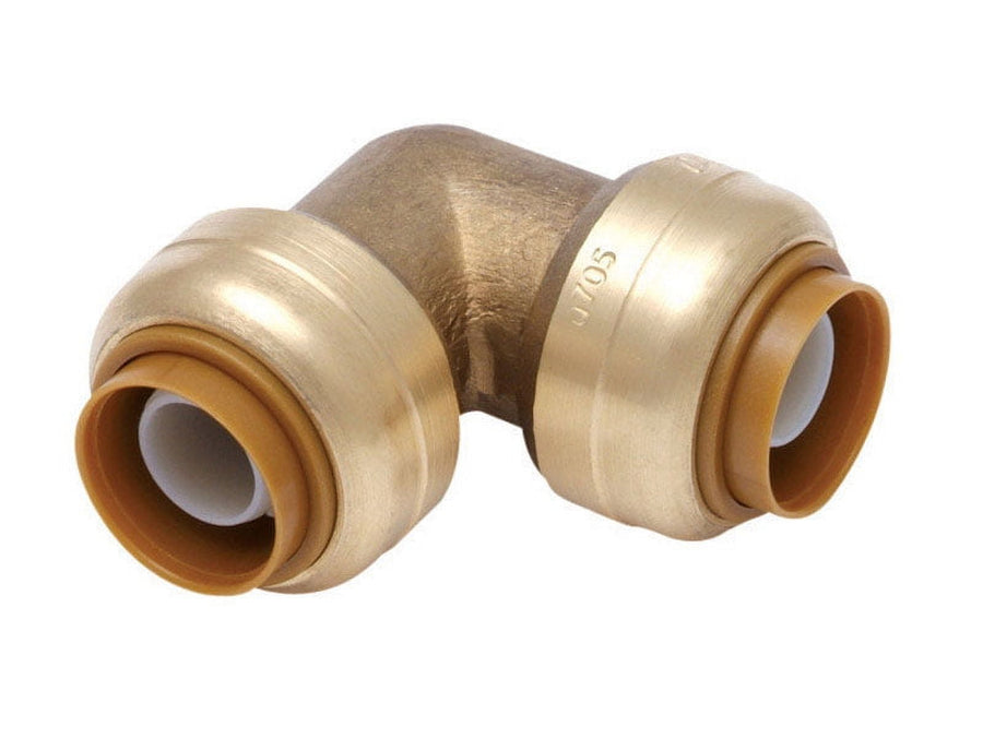 Brass 90-degree push-fit elbow with dual SharkBite-style couplings photographed on white background.