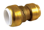 SharkBite brass push-to-connect repair coupling shown at an angle, white internal sleeve visible