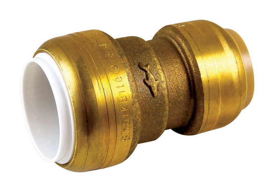 SharkBite brass push-to-connect repair coupling shown at an angle, white internal sleeve visible