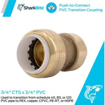 SharkBite push-to-connect PVC transition coupling product image with branding and informational text in a styled layout