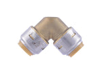Top-down view of a brass 90-degree push-fit elbow showing both silver push collars and brown seals.
