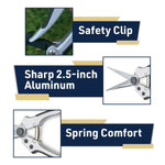 Product feature infographic showing closeups of the shears’ safety clip, blades and spring with labeled captions.