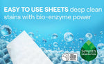 Product feature graphic showing a detergent sheet over bubbles and fibers with 'Easy to Use Sheets' and USDA biobased logo