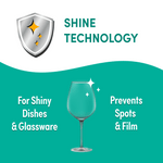 Graphic panel reading 'Shine Technology' with a sparkling wine glass illustration and claims about shiny dishes.