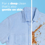 Split-image of a light blue shirt showing a clean side and a heavily stained side with text about deep yet gentle cleaning