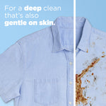 Light blue shirt shown half clean and half stained with copy about a deep clean gentle on skin