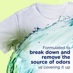 Close-up of a white T-shirt with a turquoise water splash and text about breaking down and removing the source of odors