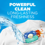 Promotional image of a white shirt with a water splash and a power pak capsule illustrating powerful clean
