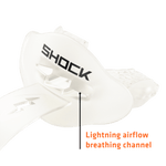 Close-up white Shock Doctor Bolt lip guard showing airflow breathing channel and black SHOCK logo on shield
