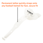 White Shock Doctor Bolt lip guard with strap and orange callout text describing permanent tether for helmet attachment