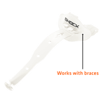 White Shock Doctor Bolt lip guard shown on white background with orange infographic text pointing to compatibility with braces