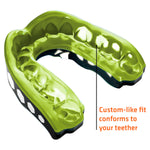 Lemon-lime Shock Doctor mouthguard with callout text indicating a custom-like fit