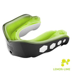 Side-angled view of a lemon-lime and black Shock Doctor Gel Max mouthguard with lemon-lime logo