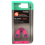Shock Doctor Gel Nano mouthguard blister pack with visible pink mouthguard, tether and branded header card