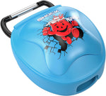 Blue Shock Doctor molded mouthguard case with Kool-Aid Man graphic and black carabiner clip