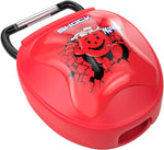 Red Shock Doctor mouthguard case with Kool-Aid Man cherry graphic and carabiner attached
