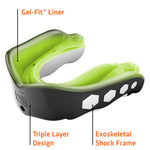 Lemon-lime Shock Doctor mouthguard with infographic labels pointing to gel-fit liner and shock frame