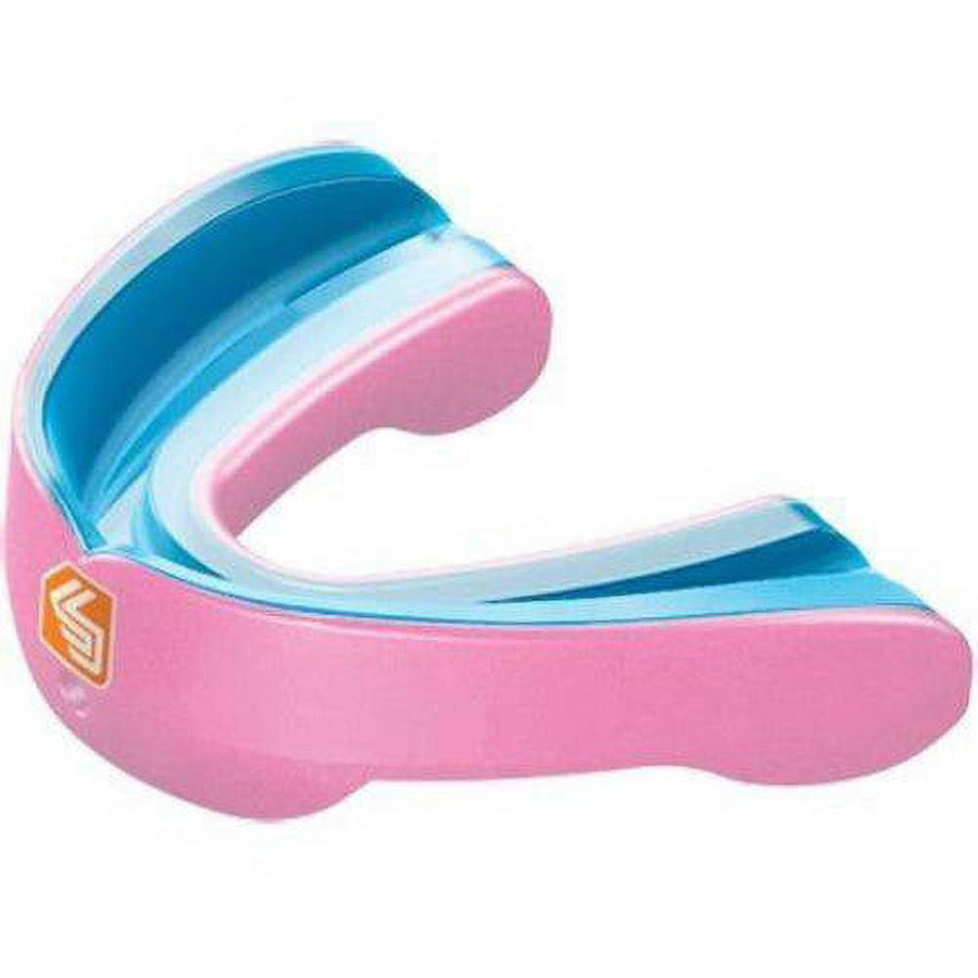 Pink and blue dual-layer athletic mouthguard shown on white background, gel-lined inner channels visible