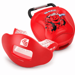 Red Shock Doctor lip guard and ventilated carrying case featuring Kool‑Aid mascot graphic, shown together on white background.