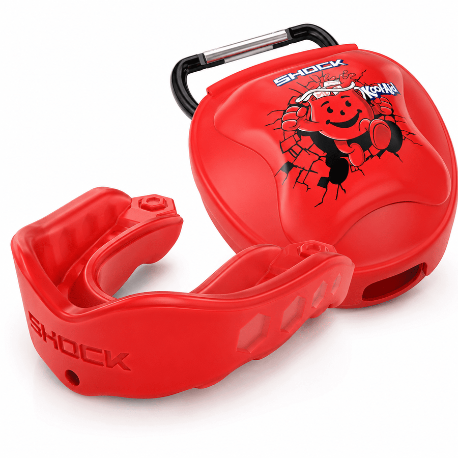 Red Shock Doctor youth gel mouthguard displayed with matching ventilated Kool‑Aid branded carrying case and carabiner.