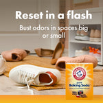 Entryway scene with shoes on a mat and an Arm & Hammer baking soda box in foreground under 'Reset in a flash' text