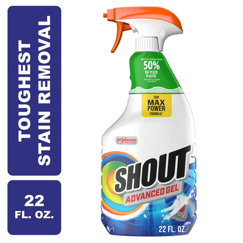 White spray bottle of Shout Advanced Gel with orange trigger and colorful label on white background