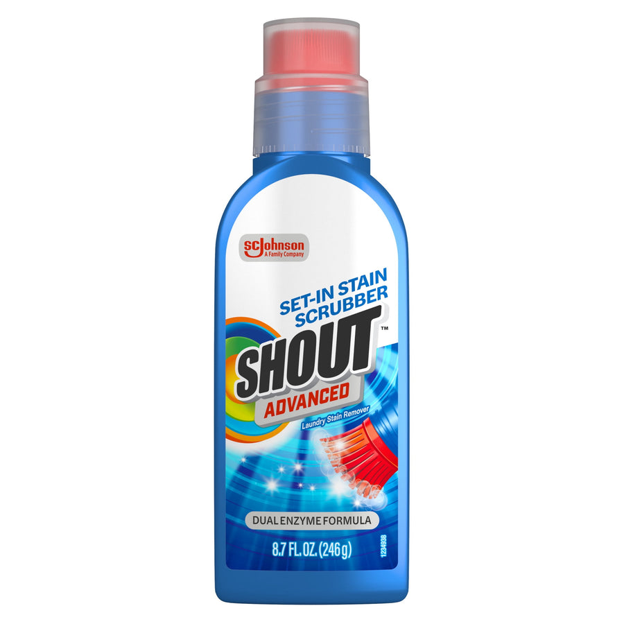 Shout Advanced set-in stain scrubber bottle with blue label, red brush graphic and 8.7 fl oz volume text