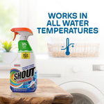 Shout Advanced Gel bottle on a wooden surface with a laundry room background and text works in all water temperatures