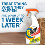 Shout Triple-Acting spray bottle beside a laundry basket with text about treating stains up to one week later