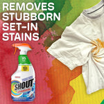 Shout Advanced Gel bottle next to a twisted white t-shirt with a yellowish stain and text about removing set-in stains