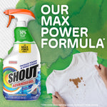 Shout Advanced Gel bottle beside a stained white shirt with large text reading our max power formula