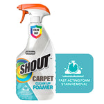 White trigger-spray Shout Carpet Clean Up Foamer bottle with color-safe shield and fast-acting foam callout