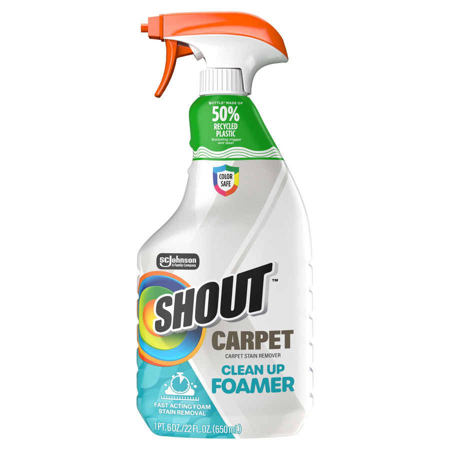 Front view of a Shout Carpet Clean Up Foamer trigger spray bottle showing brand label and product name