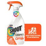 White SHOUT carpet set-in stain lifter trigger bottle with orange spray top and color-safe shield on white background