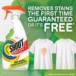 Shout bottle next to text claiming stain removal guarantee with two T‑shirts and watercolor background