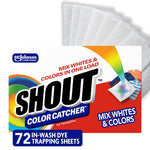 Box of SHOUT Color Catcher dye-trapping sheets with several white sheets fanned behind the package