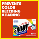 Shout Color Catcher box on orange background with large text reading prevents color bleeding & fading