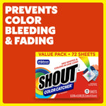 Orange promotional panel showing SHOUT Color Catcher value pack box and bold text claiming it prevents color bleeding and fading