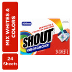 Shout Color Catcher retail box with bold logo and colorful swoosh, red and white packaging with 24 sheets callout