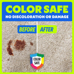 Before-and-after carpet close-up showing stain removal with large COLOR SAFE label and shield emblem