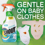 Shout Free bottle beside stained baby onesies with 'GENTLE ON BABY CLOTHES' text and green background