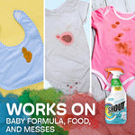 Three stained baby garments displayed vertically with Shout Free bottle and 'WORKS ON' headline