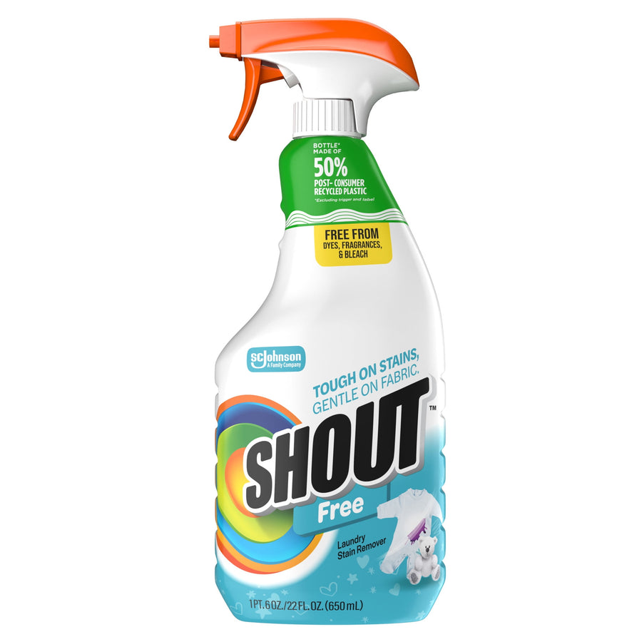 Shout Free trigger spray bottle with orange nozzle and blue label reading “SHOUT Free” on white background.